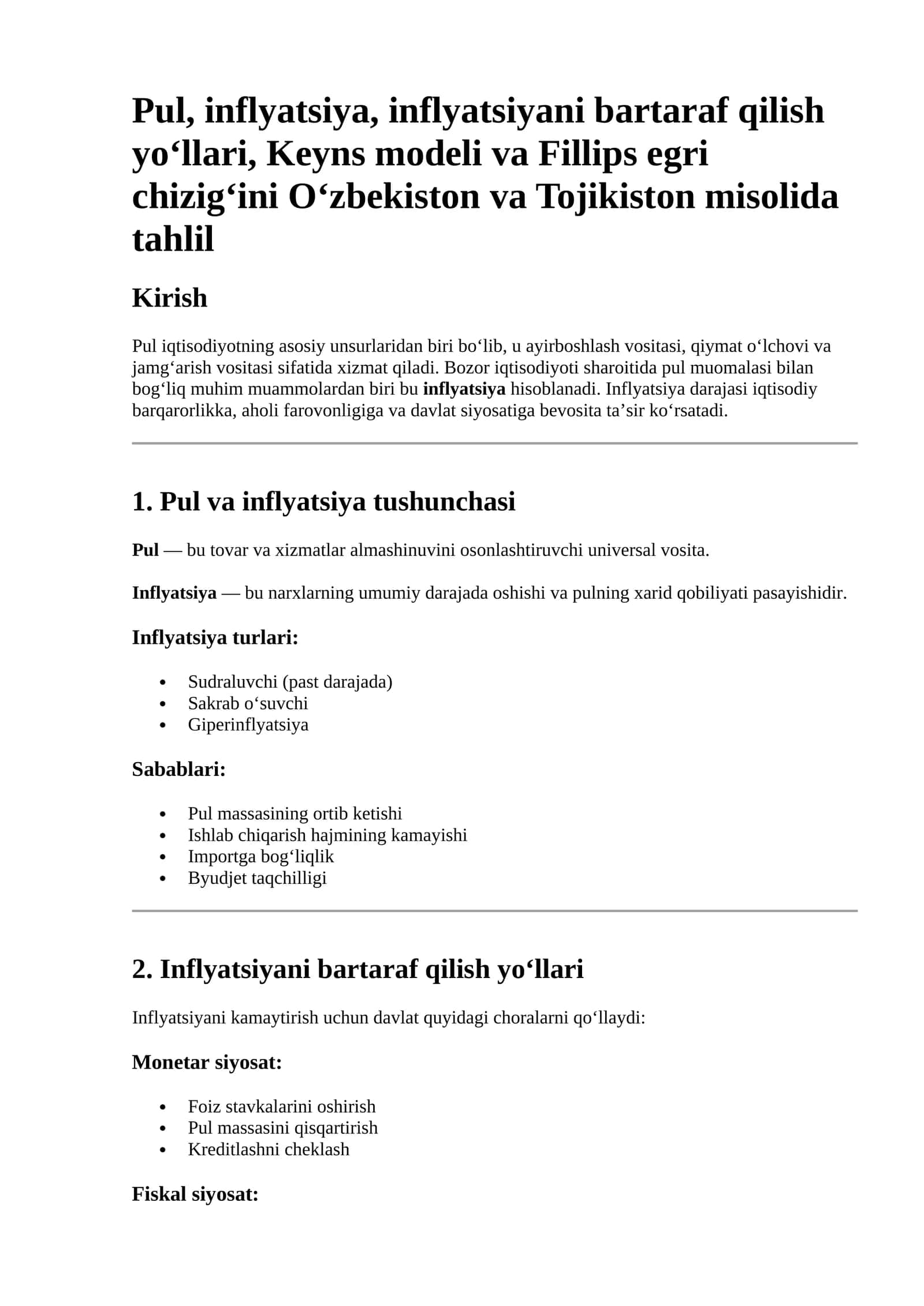 Inflyatsiya va inflyatsiyani bartaraf qilish yo‘llari tahlili