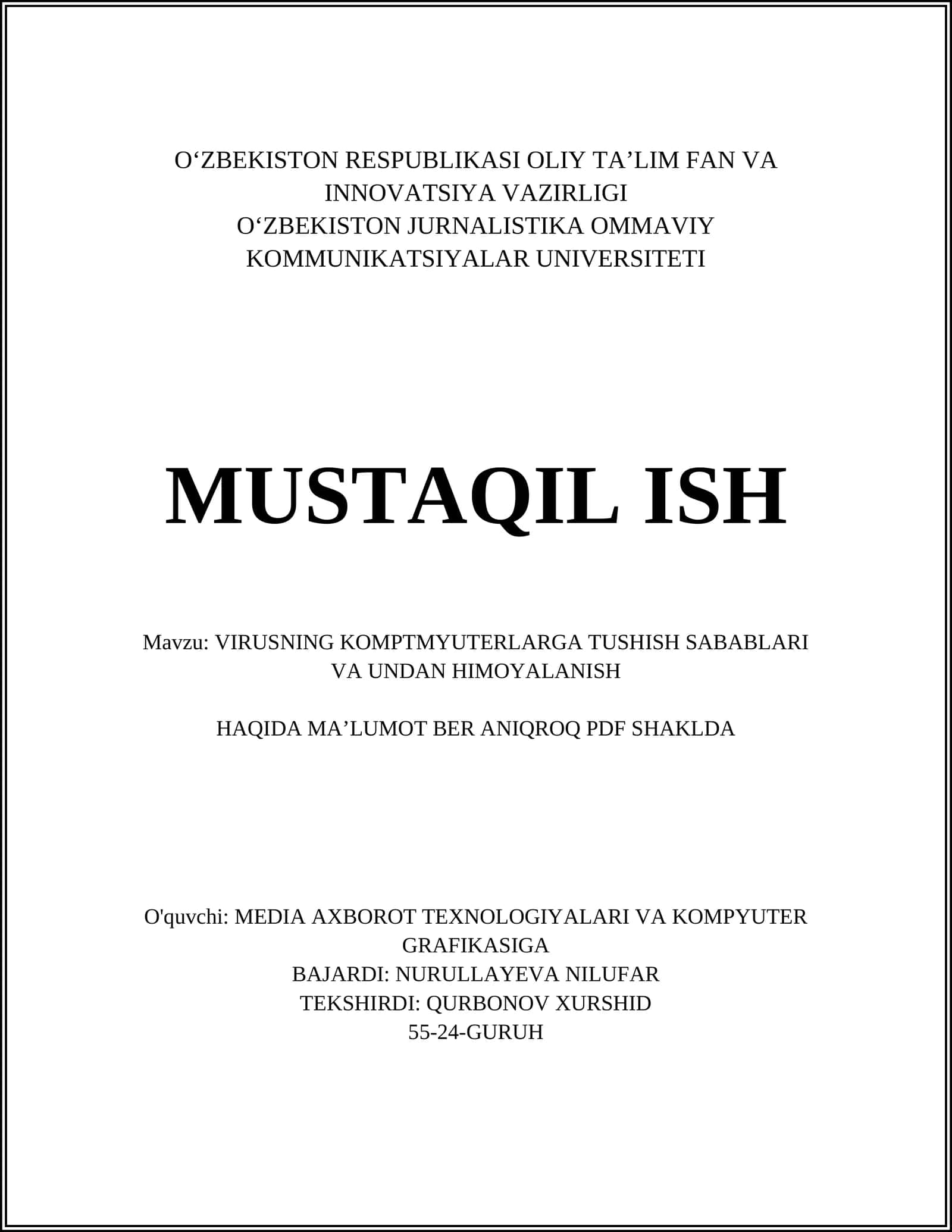 VIRUSNING KOMPTMYUTERLARGA TUSHISH SABABLARI VA UNDAN HIMOYALANISH HAQIDA MA’LUMOT BER ANIQROQ PDF SHAKLDA