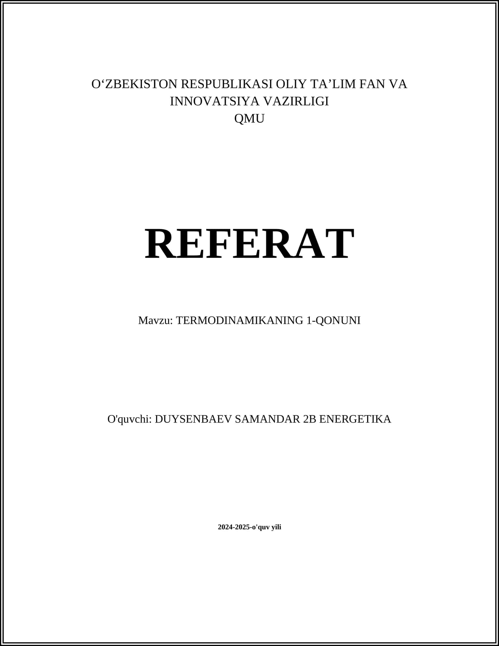 TERMODINAMIKANING 1-QONUNI