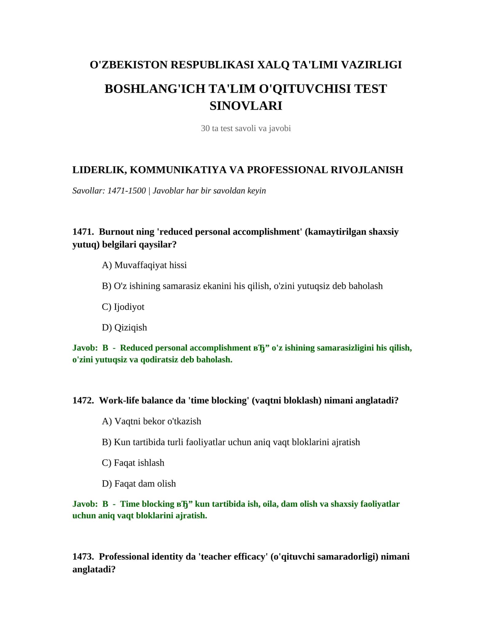 BOSHLANG'ICH TA'LIM O'QITUVCHISI TEST SINOVLARI