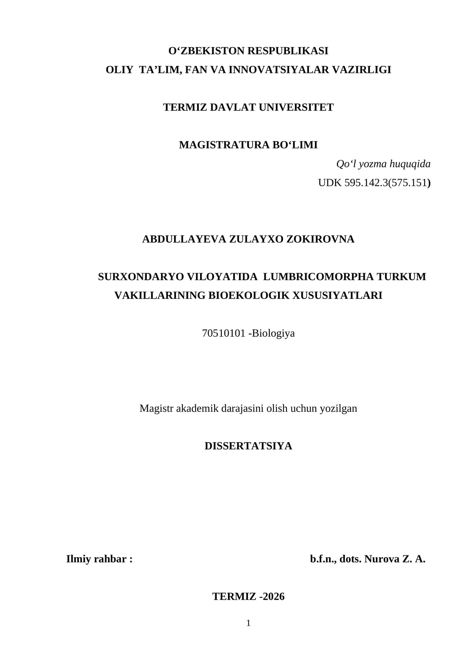 SURXONDARYO VILOYATIDA LUMBRICOMORPHA TURKUM VAKILLARINING BIOEKOLOGIK XUSUSIYATLARI