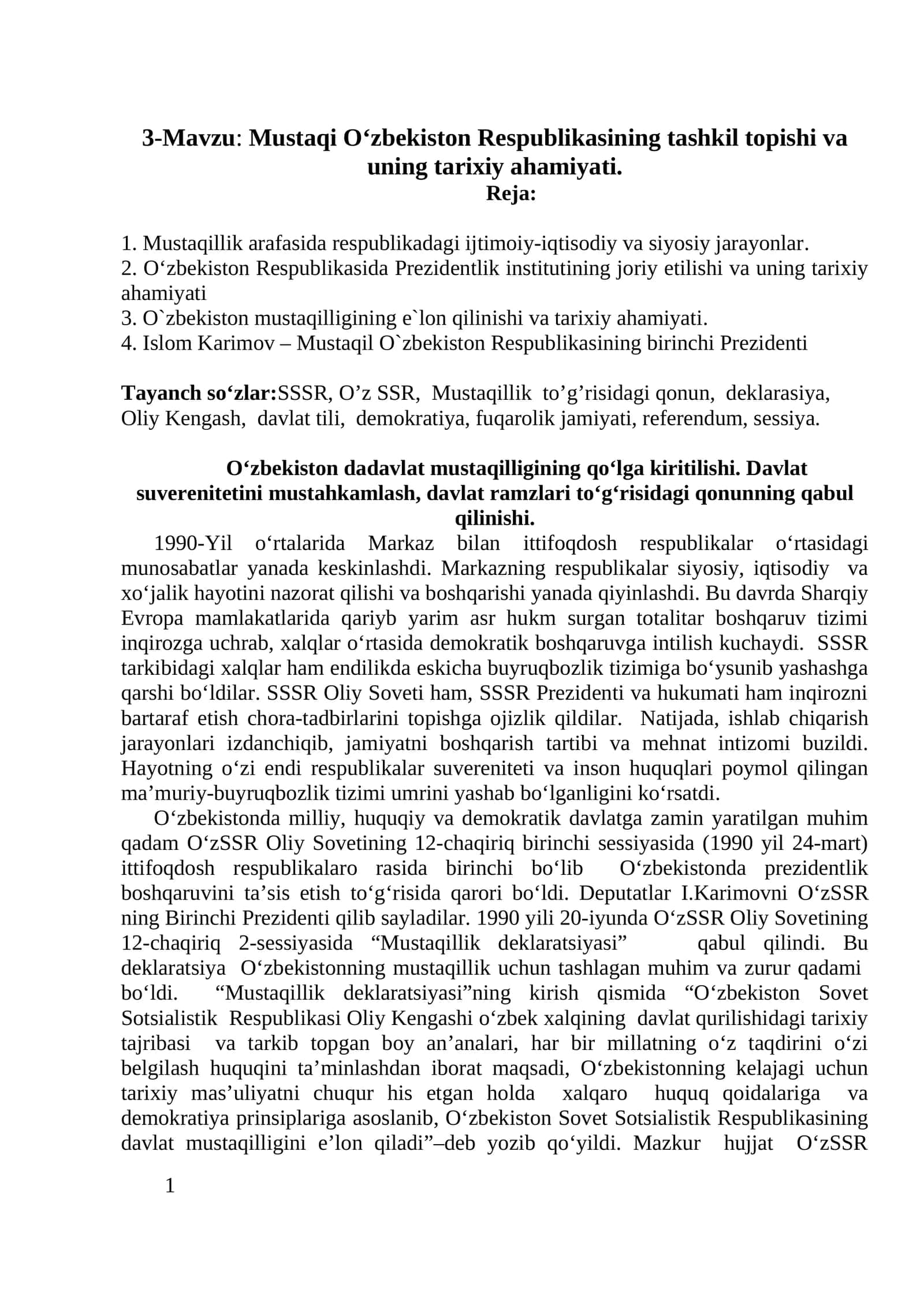 O‘zbekiston Respublikasining tashkil topishi va tarixiy ahamiyati