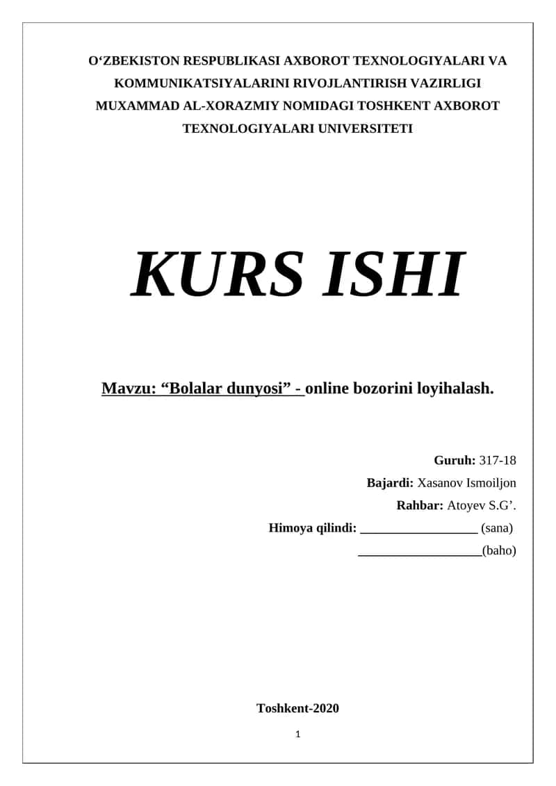 “Bolalar dunyosi” - online bozorini loyihalash