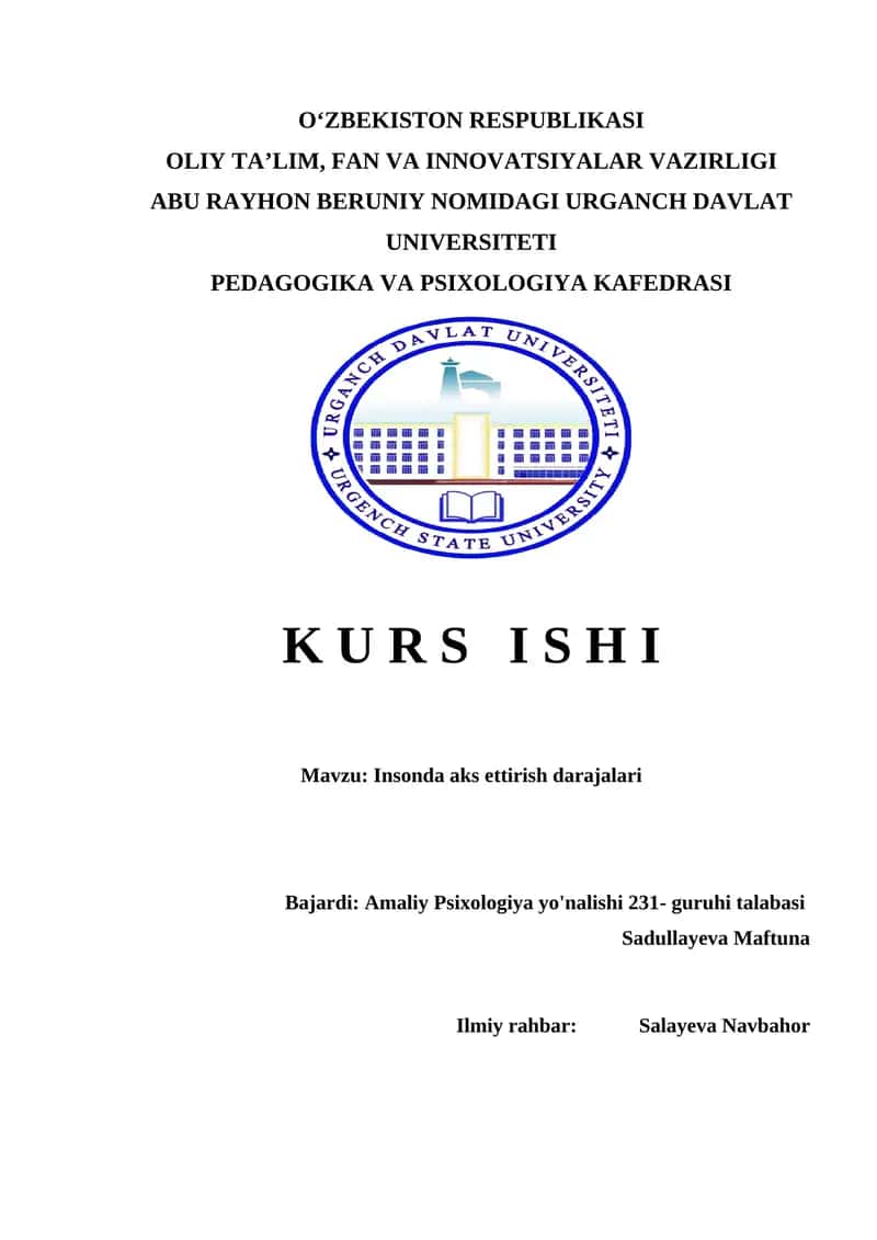 Insonda aks ettirish darajalari Insonda aks ettirish darajalari kurs ishi