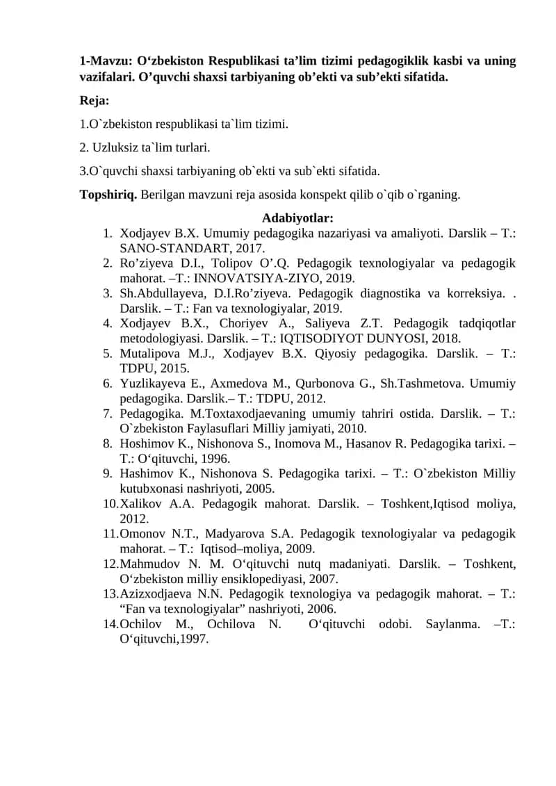 O‘zbekiston Respublikasi ta’lim tizimi рedagogiklik kasbi va uning vazifalari