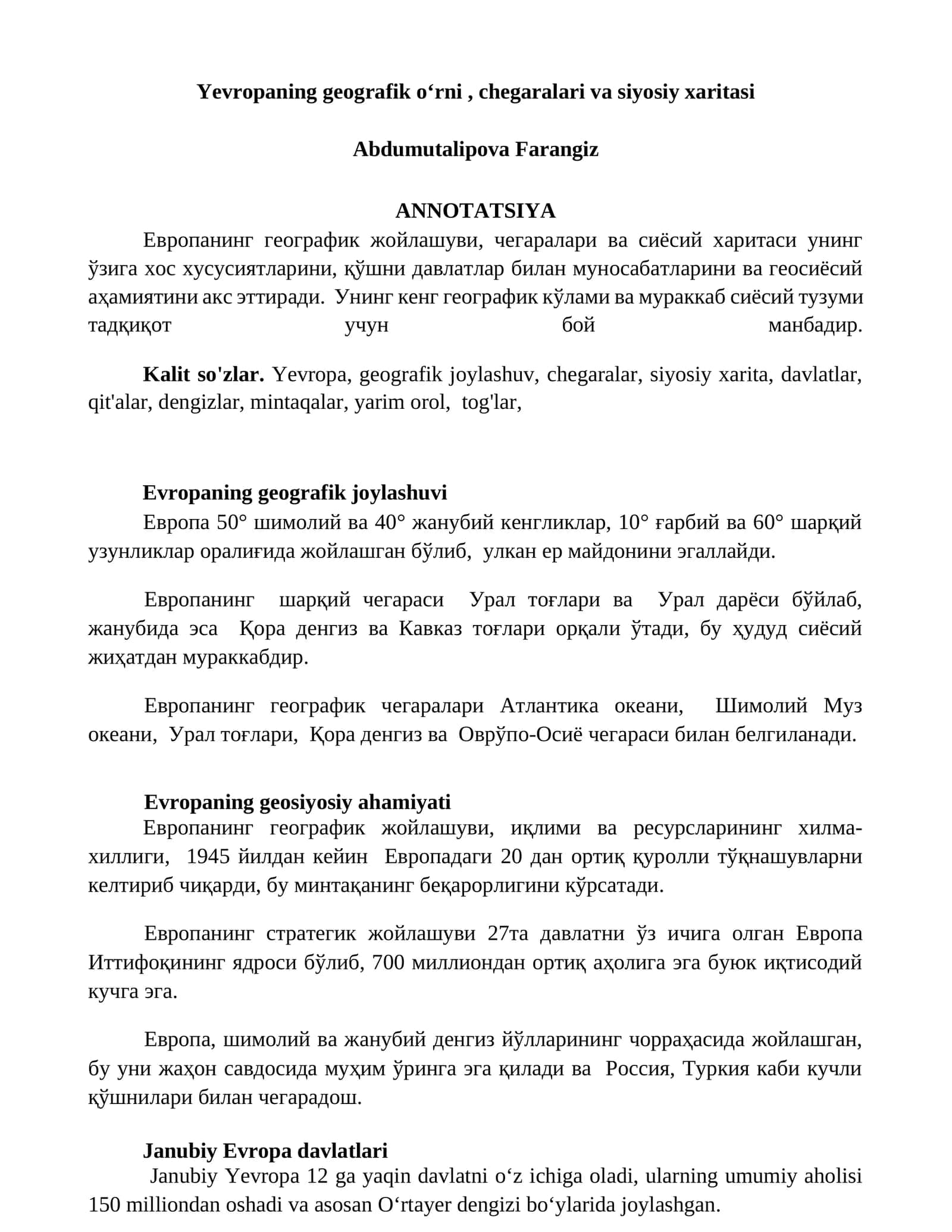 Yevropaning geografik oʻrni, chegaralari va siyosiy xaritasi