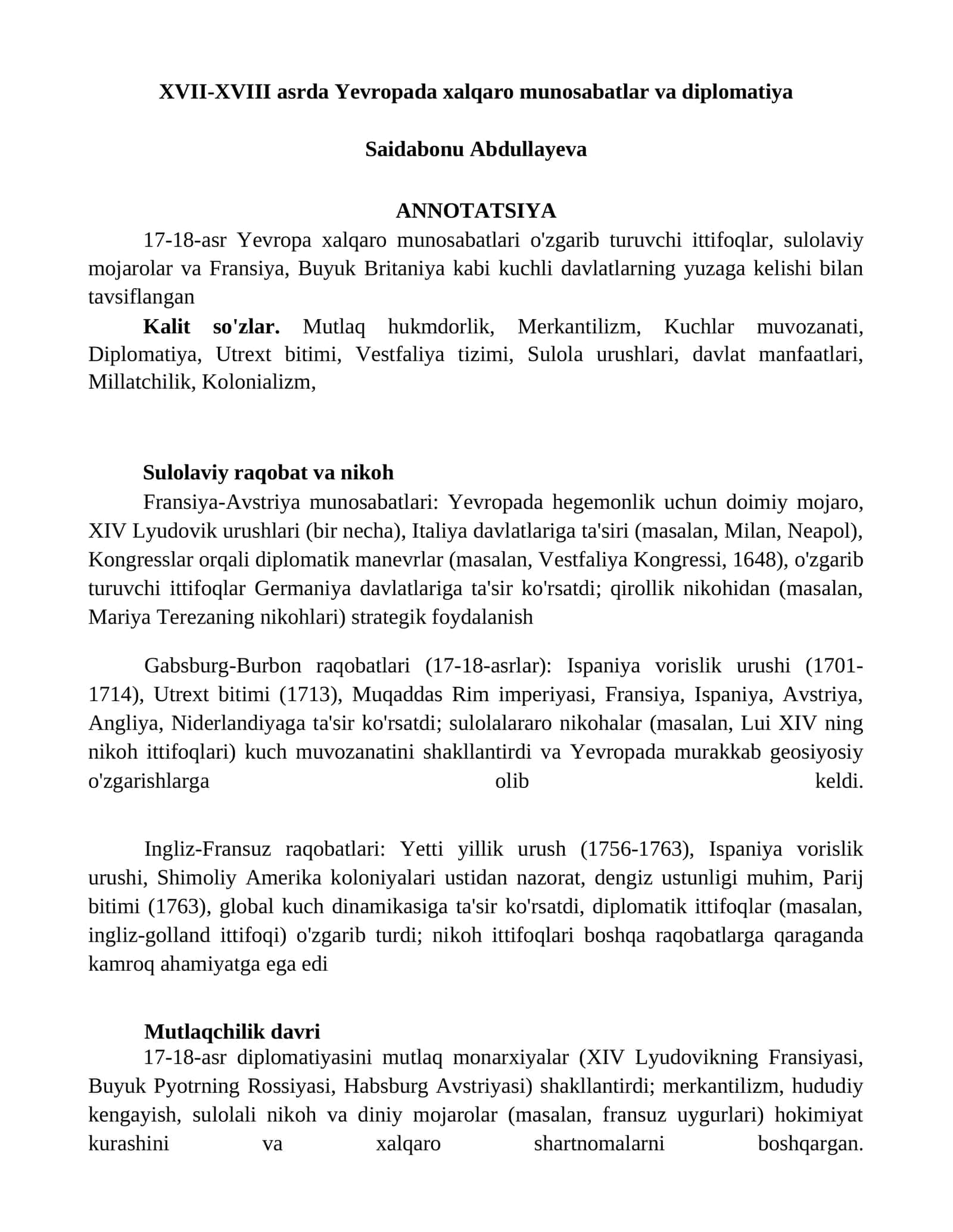 XVII-XVIII asrda Yevropada xalqaro munosabatlar va diplomatiya