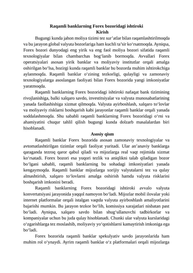 Raqamli banklarning Forex bozoridagi ishtiroki