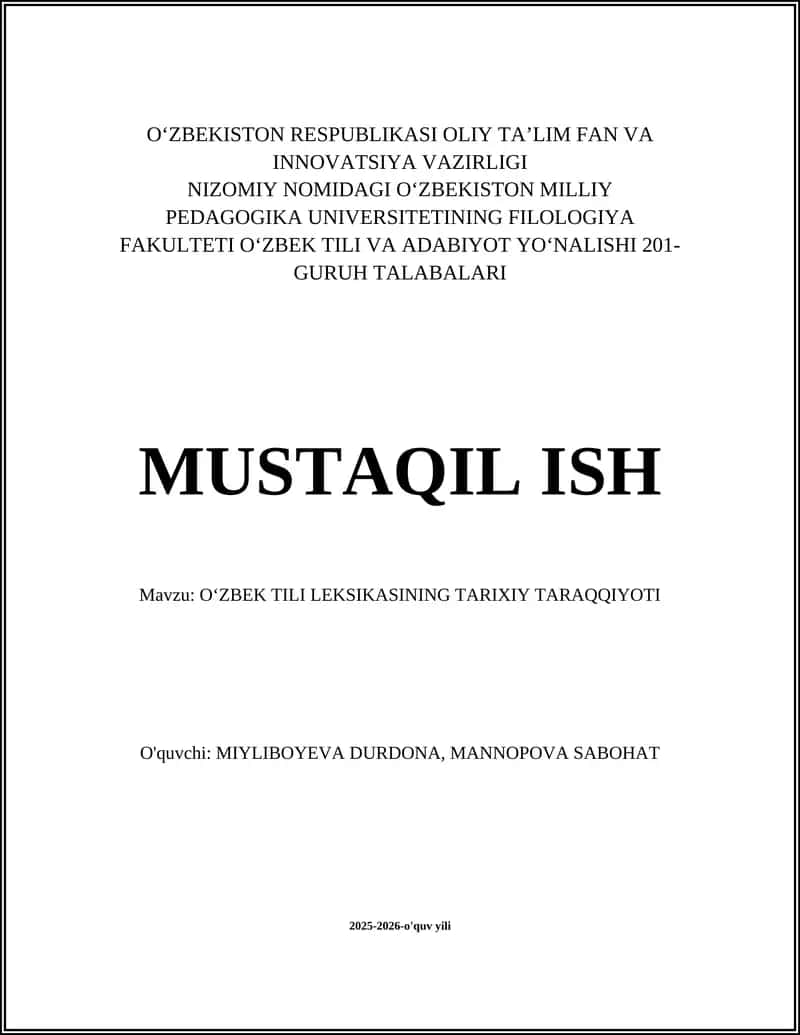 Oʻzbek Tili Leksikasining Tarixiy Taraqqiyoti