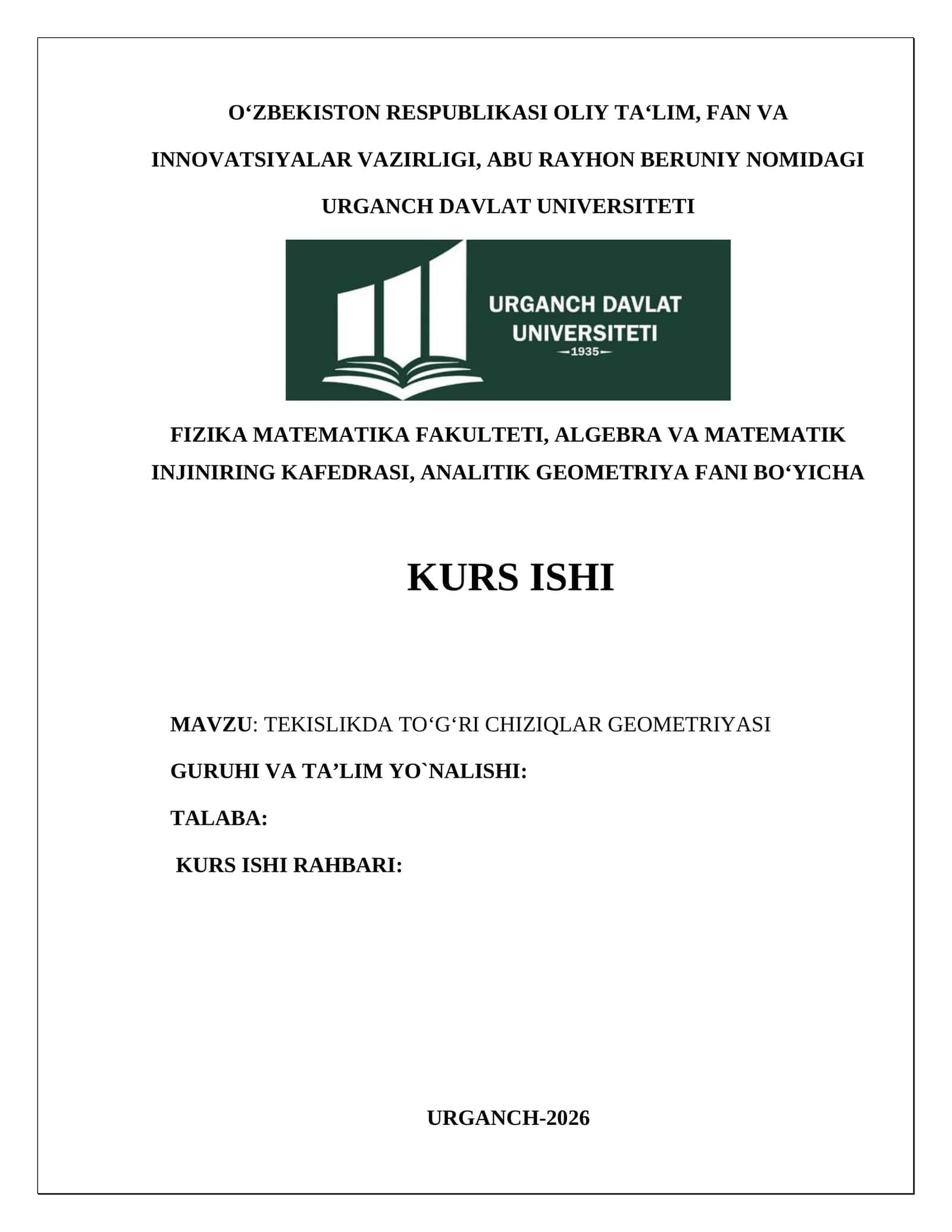 TEKISLIKDA TO‘G‘RI CHIZIQLAR GEOMETRIYASI