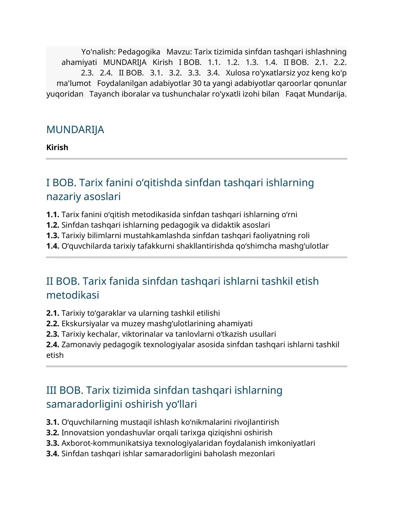 Tarix tizimida sinfdan tashqari ishlashning ahamiyati