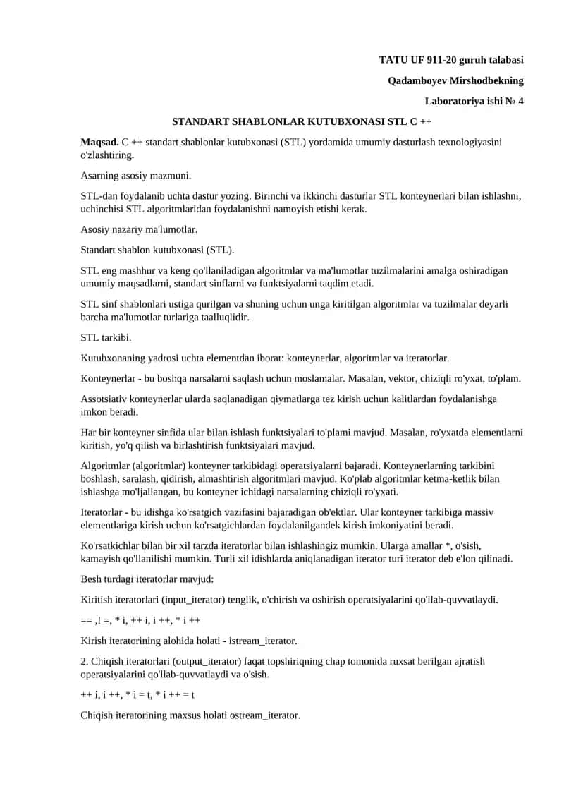 STANDART SHABLONLAR KUTUBXONASI STL C ++
