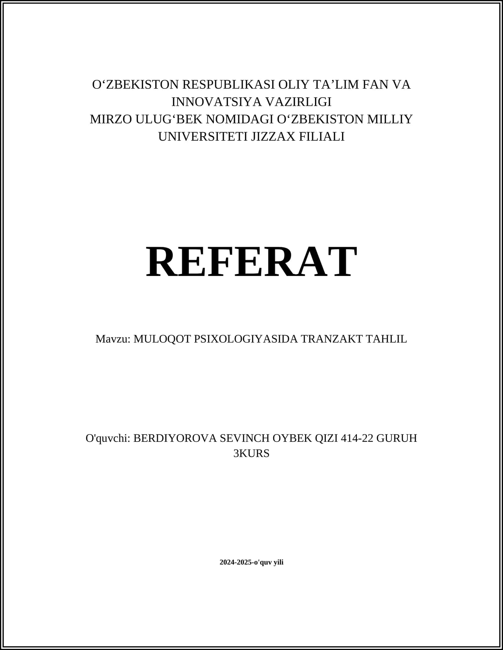 MULOQOT PSIXOLOGIYASIDA TRANZAKT TAHLIL