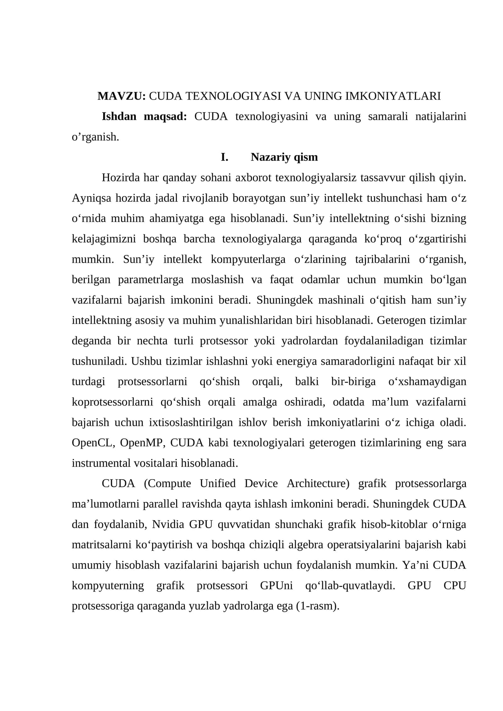 CUDA TEXNOLOGIYASI VA UNING IMKONIYATLARI