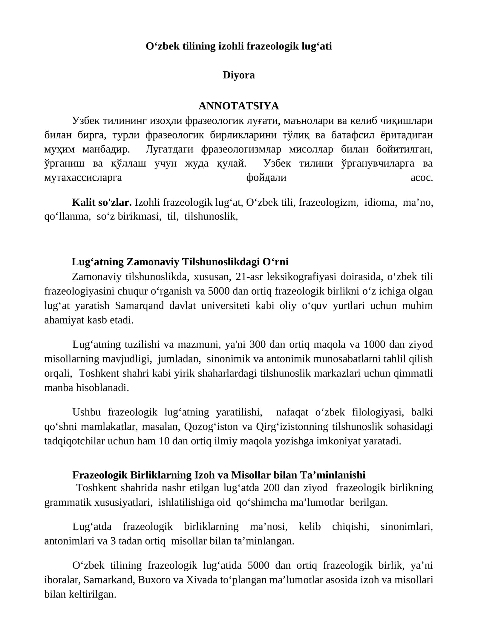 Oʻzbek tilining izohli frazeologik lugʻati