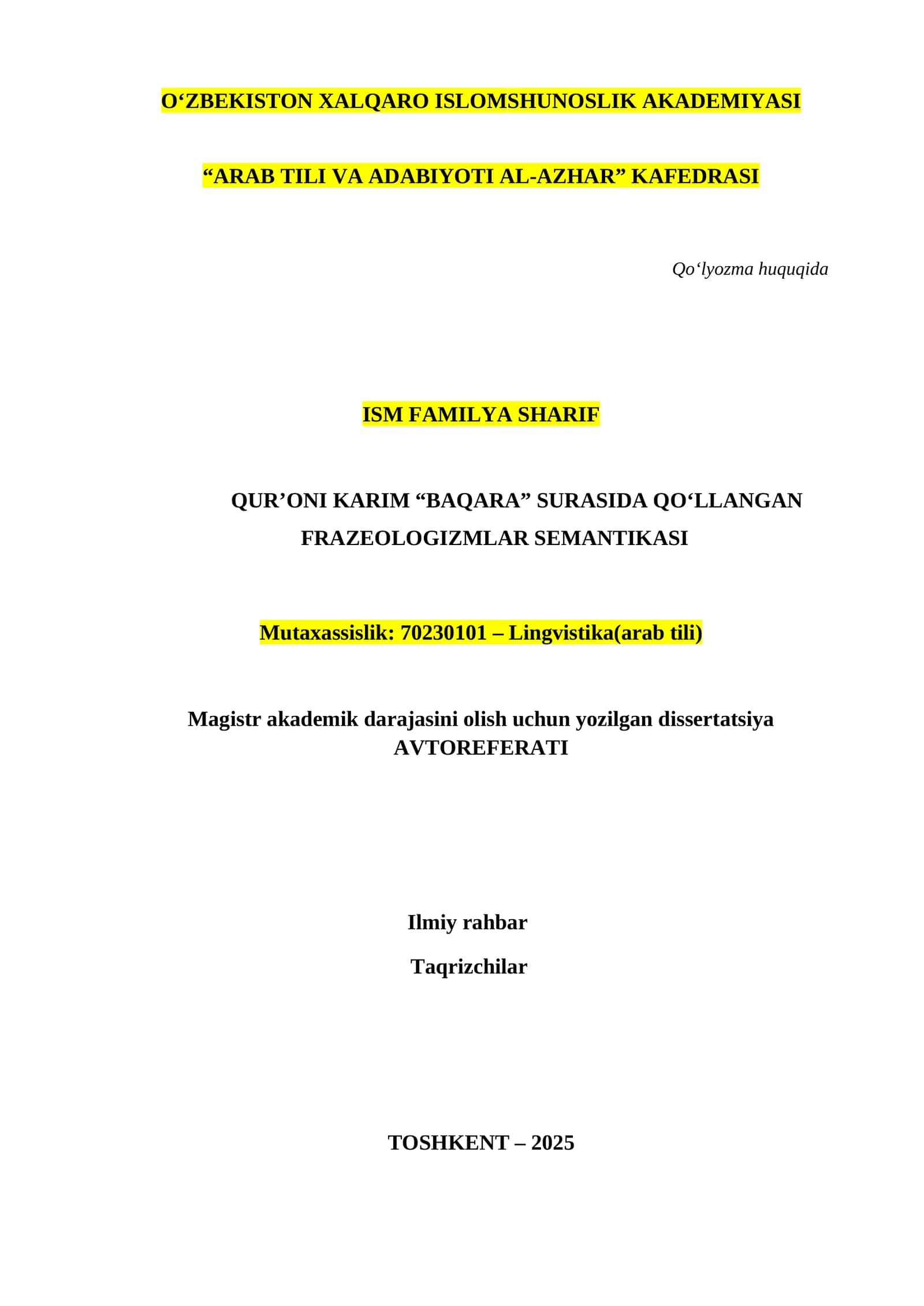 AVTOREFERAT. DIPLOM ISHI. Qur'oni Karim “Baqara” surasida qo'llangan frazeologizmlar semantikasi