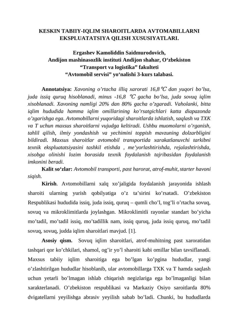 KESKIN TABIIY-IQLIM SHAROITLARDA AVTOMABILLARNI EKSPLUATATSIYA QILISH XUSUSIYATLARI.