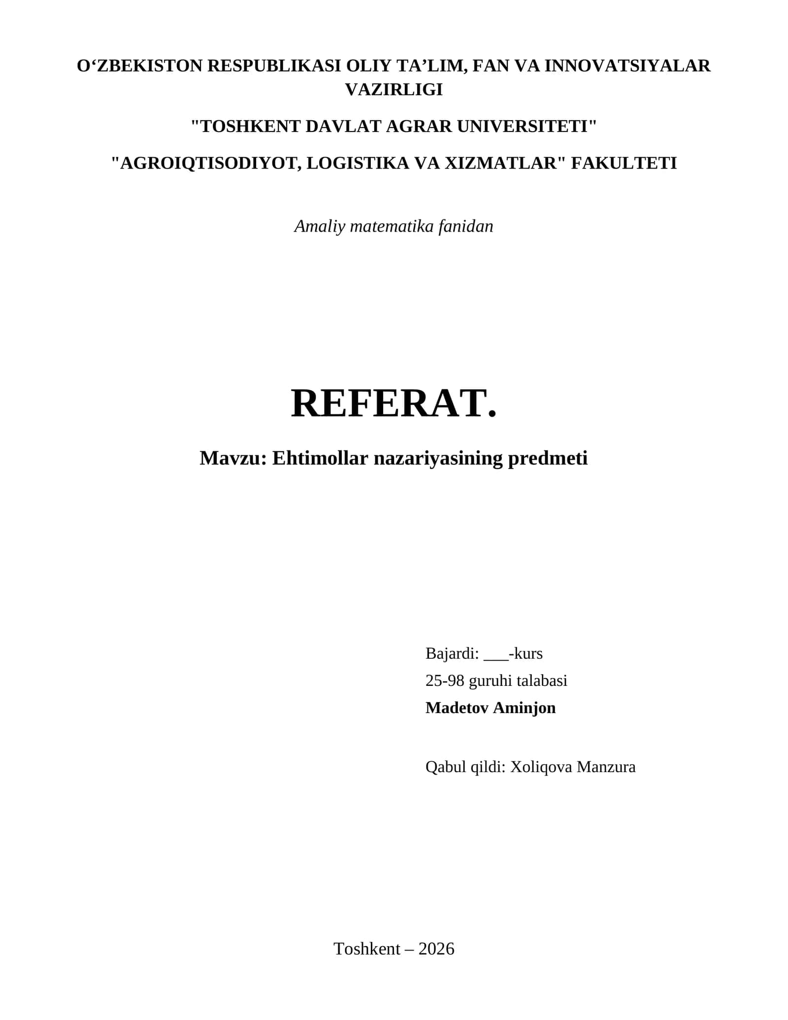 Ehtimollar nazariyasining predmeti