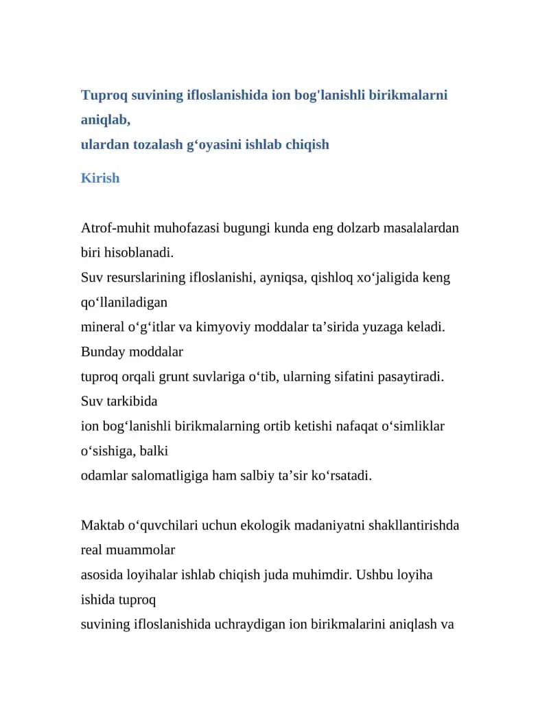Tuproq suvining ifloslanishida ion bog'lanishli birikmalarni aniqlash va ularni tozalash