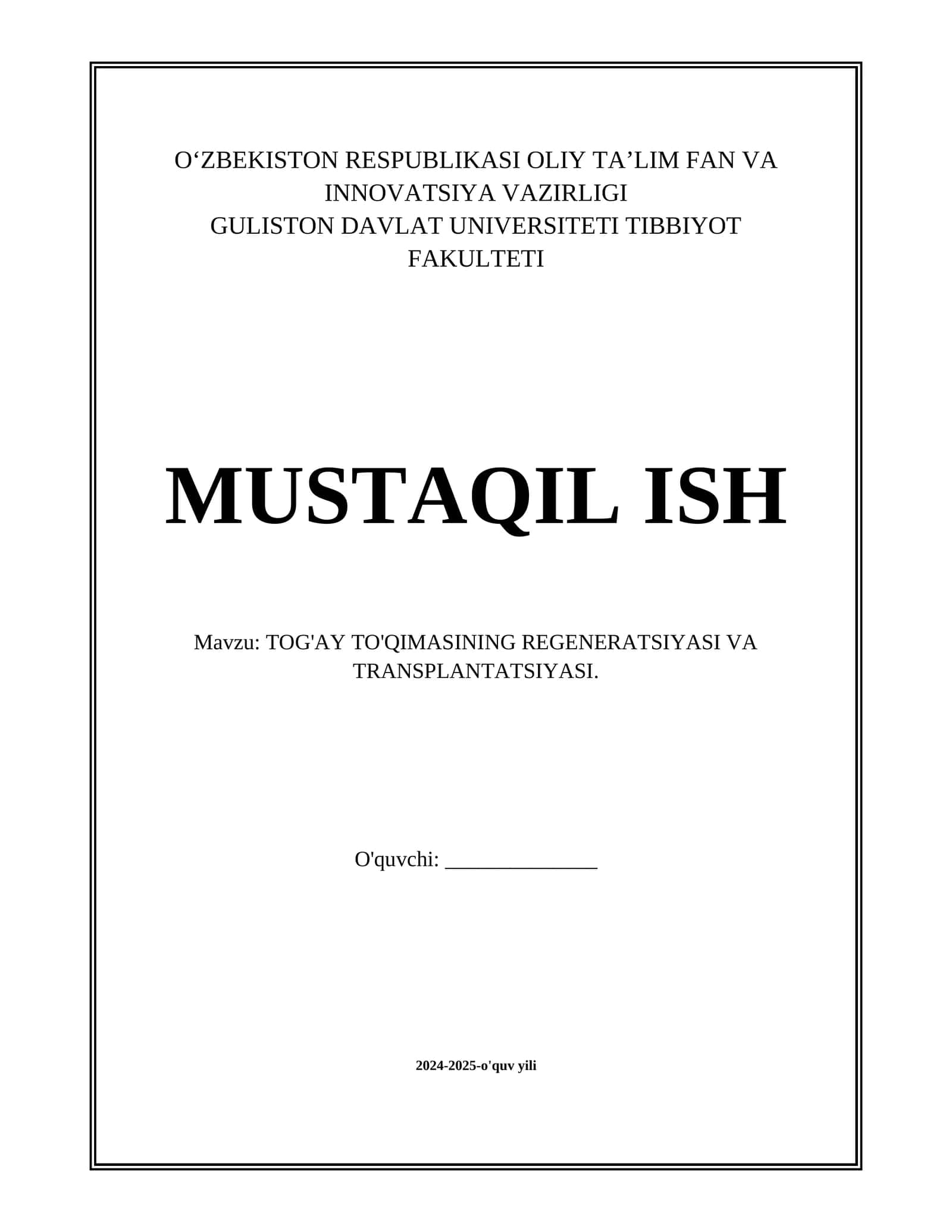 TOG'AY TO'QIMASINING REGENERATSIYASI VA TRANSPLANTATSIYASI.