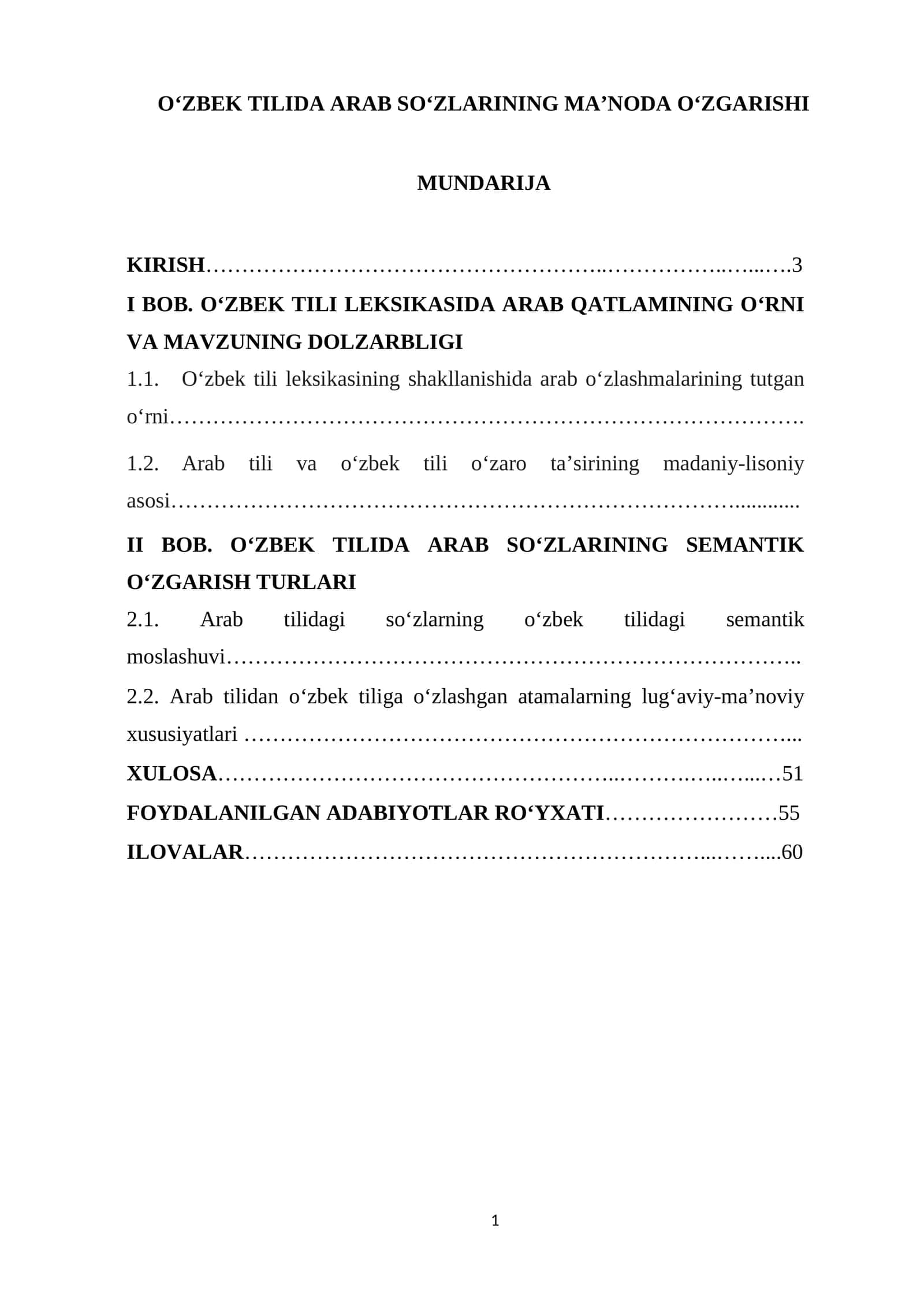 DIPLOM ISHI OʻZBEK TILIDA ARAB SO‘ZLARINING MA’NODA OʻZGARISHI