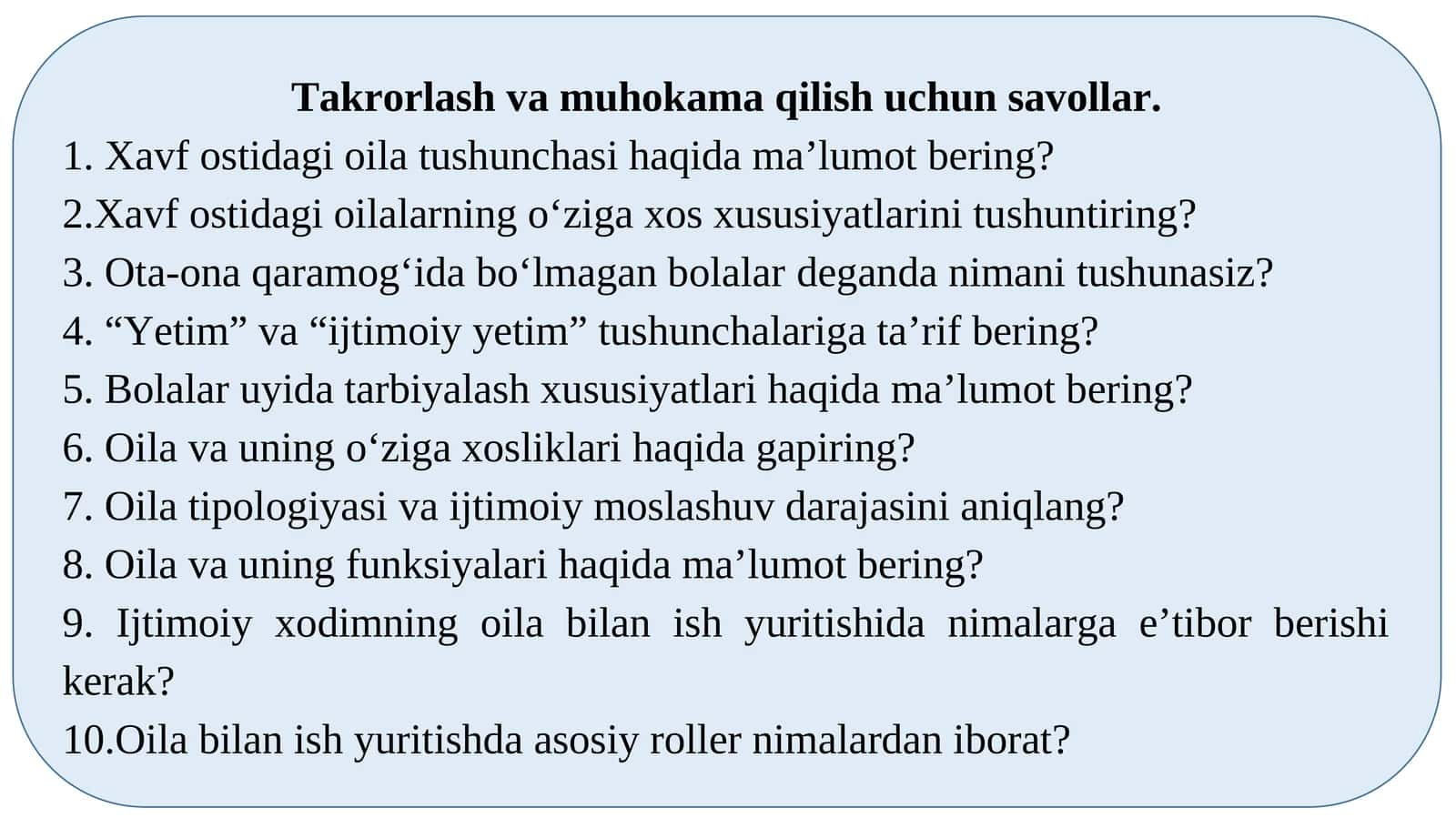 Takrorlash va muhokama qilish uchun savollar
