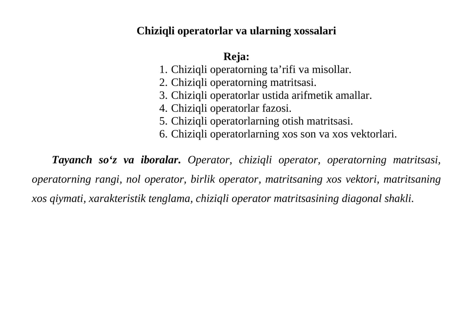Chiziqli operatorlar va ularning xossalari