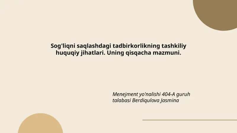 Sog'liqni saqlashdagi tadbirkorlikning tashkiliy huquqiy jihatlari