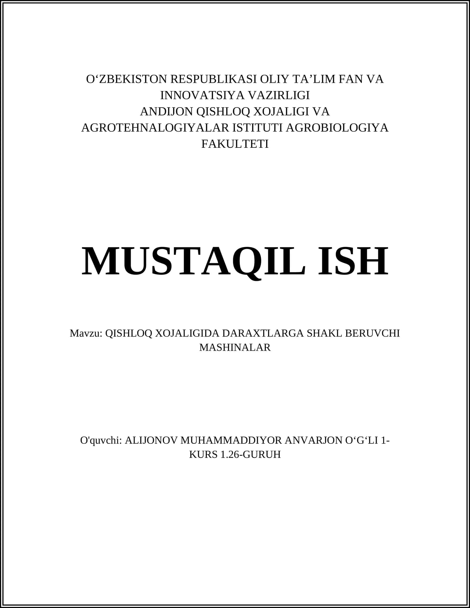 QISHLOQ XOJALIGIDA DARAXTLARGA SHAKL BERUVCHI MASHINALAR