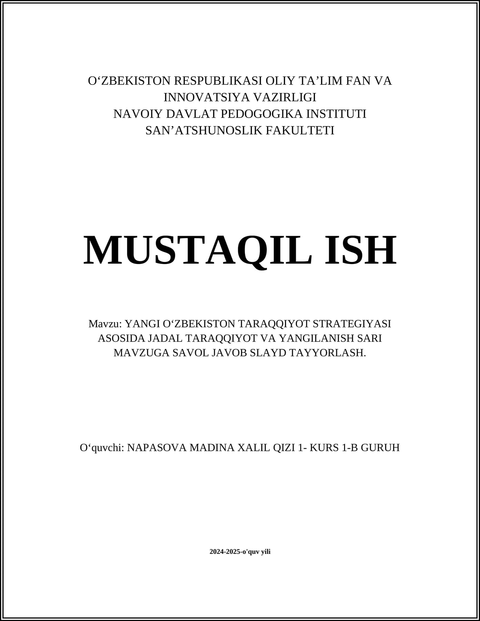 YANGI O‘ZBEKISTON TARAQQIYOT STRATEGIYASI ASOSIDA JADAL TARAQQIYOT VA YANGILANISH SARI MAVZUGA SAVOL JAVOB SLAYD TAYYORLASH
