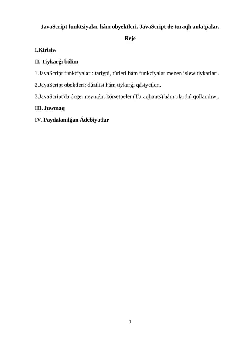 JavaScript funktsiyalar hám obyektleri
