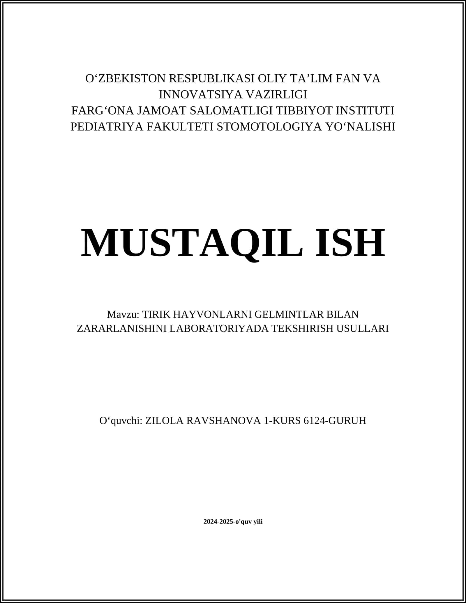 TIRIK HAYVONLARNI GELMINTLAR BILAN ZARARLANISHINI LABORATORIYADA TEKSHIRISH USULLARI