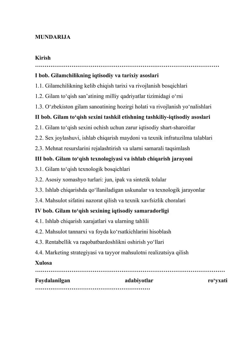 Gilamchilikning iqtisodiy va tarixiy asoslari sexini tashkil qilish