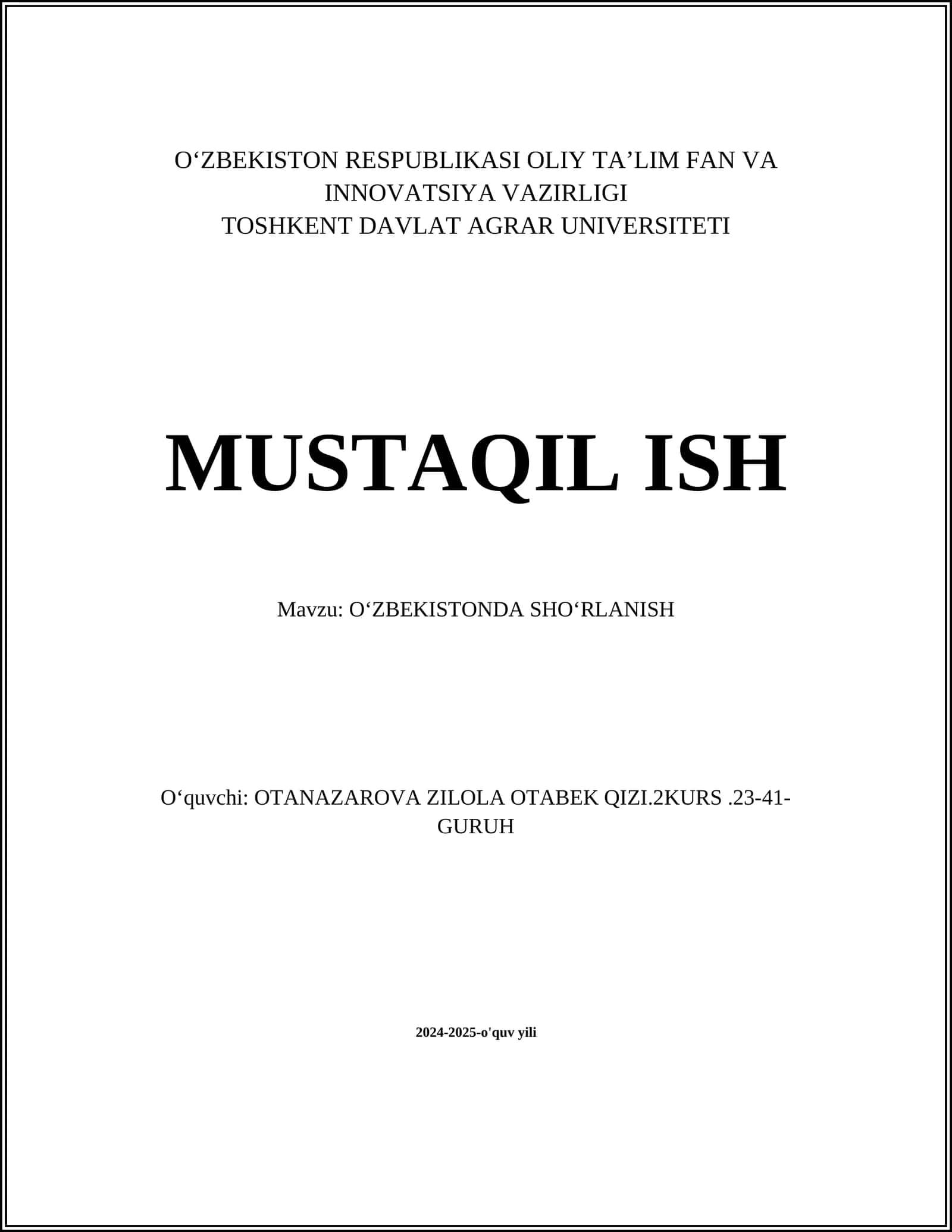 O‘ZBEKISTONDA SHO‘RLANISH