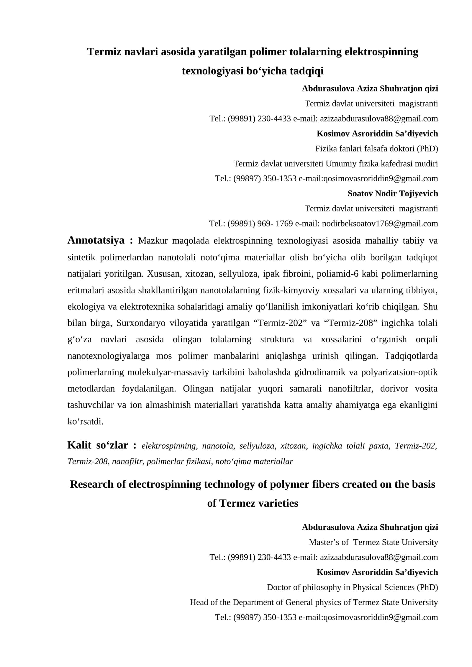Elektrospinning texnologiyasi mahsuloti