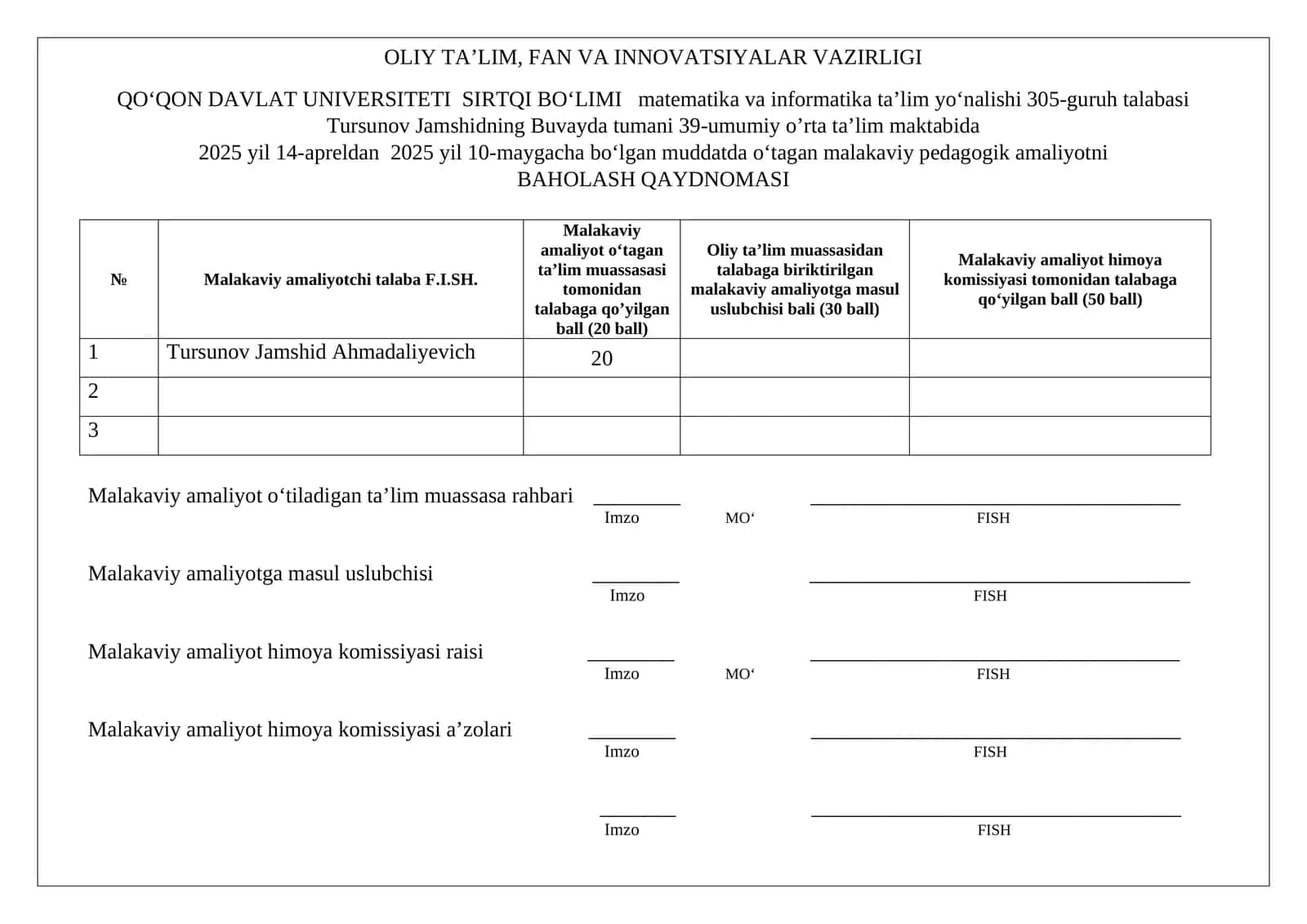 MALAKAVIY PEDAGOGIK AMALIYOTNI BAHOLASH QAYDNOMASI varaqasi.