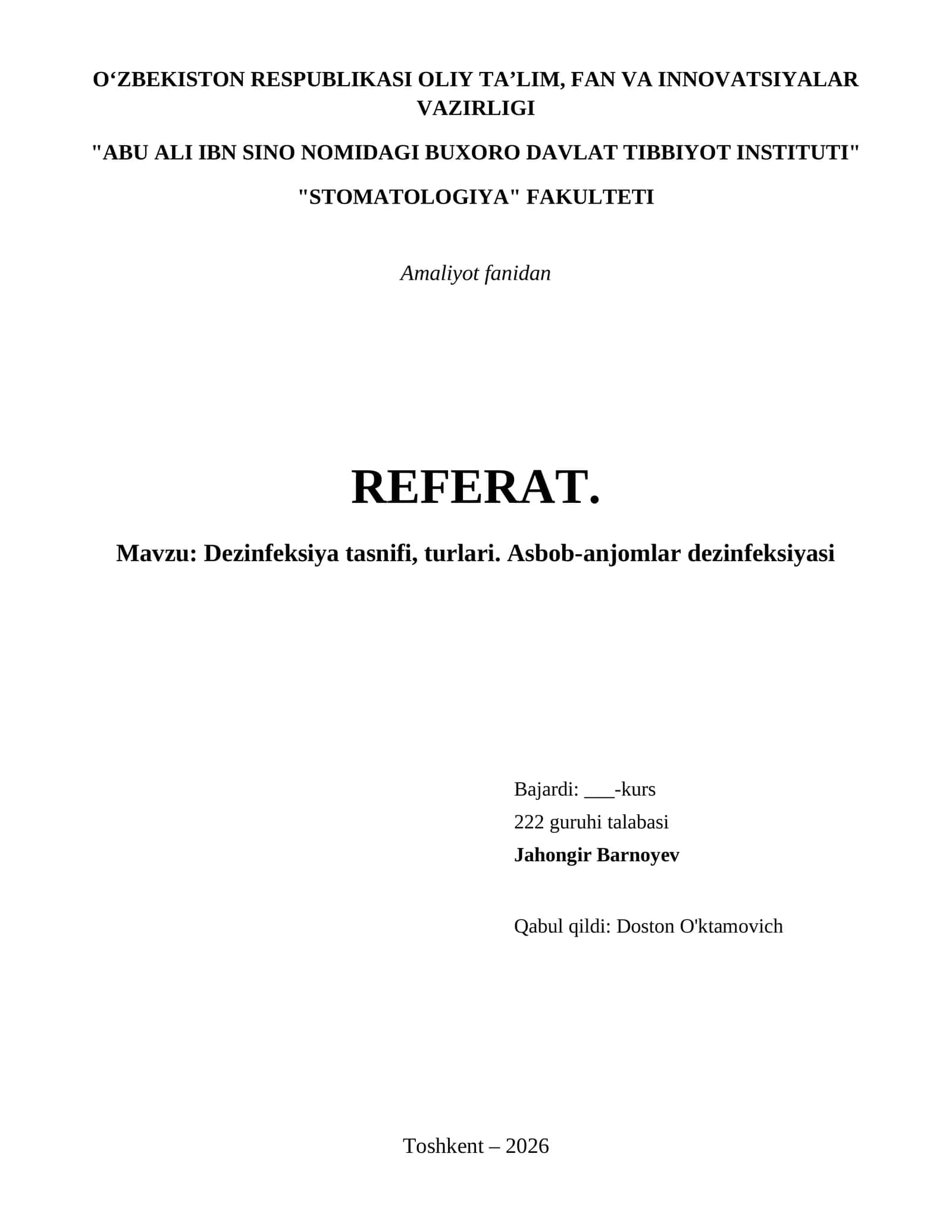 Dezinfeksiya tasnifi, turlari. Asbob-anjomlar dezinfeksiyasi