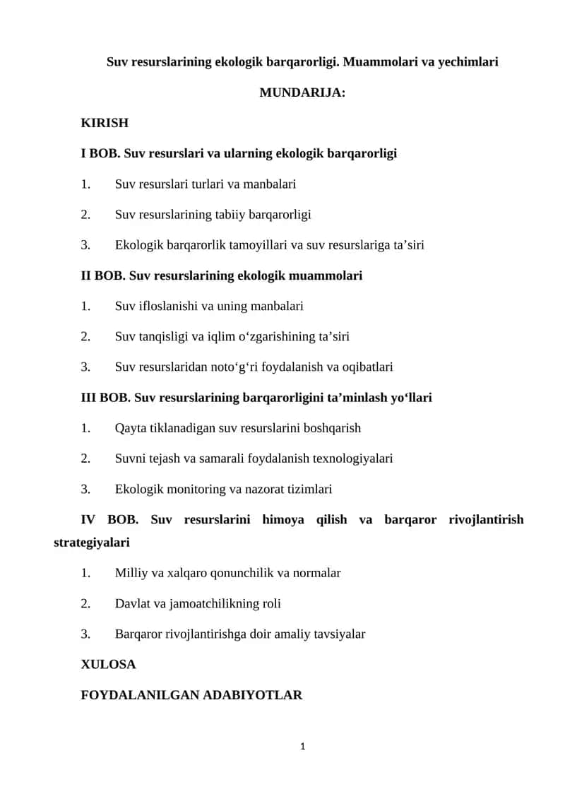 Suv resurslarining ekologik barqarorligi. Muammolari va yechimlari