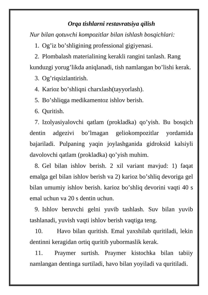 Orqa tishlarni restavratsiya qilish