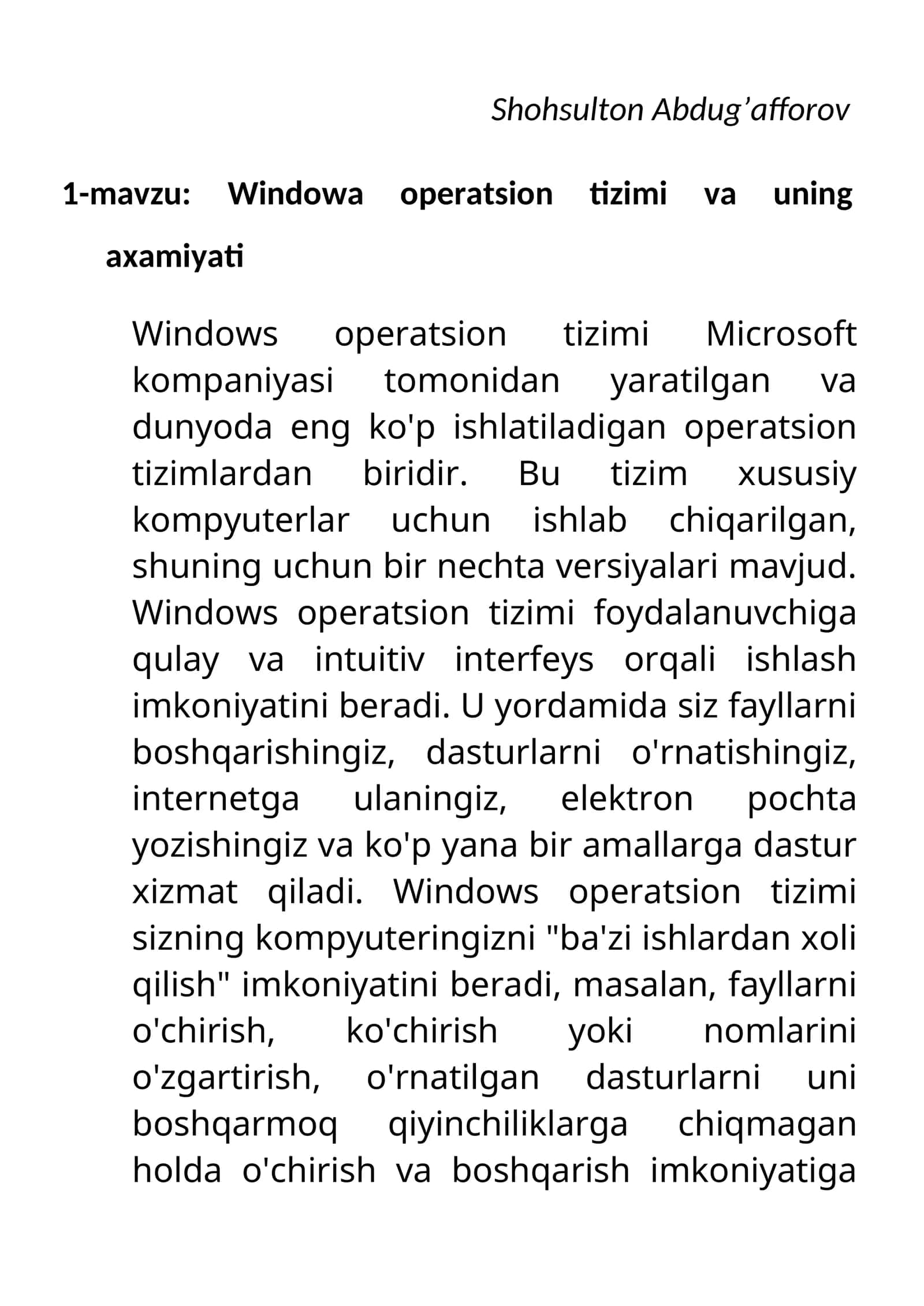 Windowa operatsion tizimi va uning axamiyati