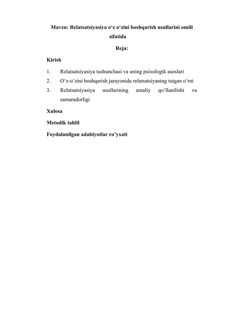 Relatsatsiyasiya oʻz oʻzini boshqarish usullarini omili sifatida