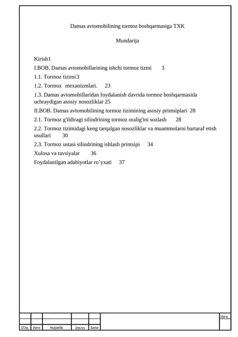 Damas avtomobilining tormoz tizimi