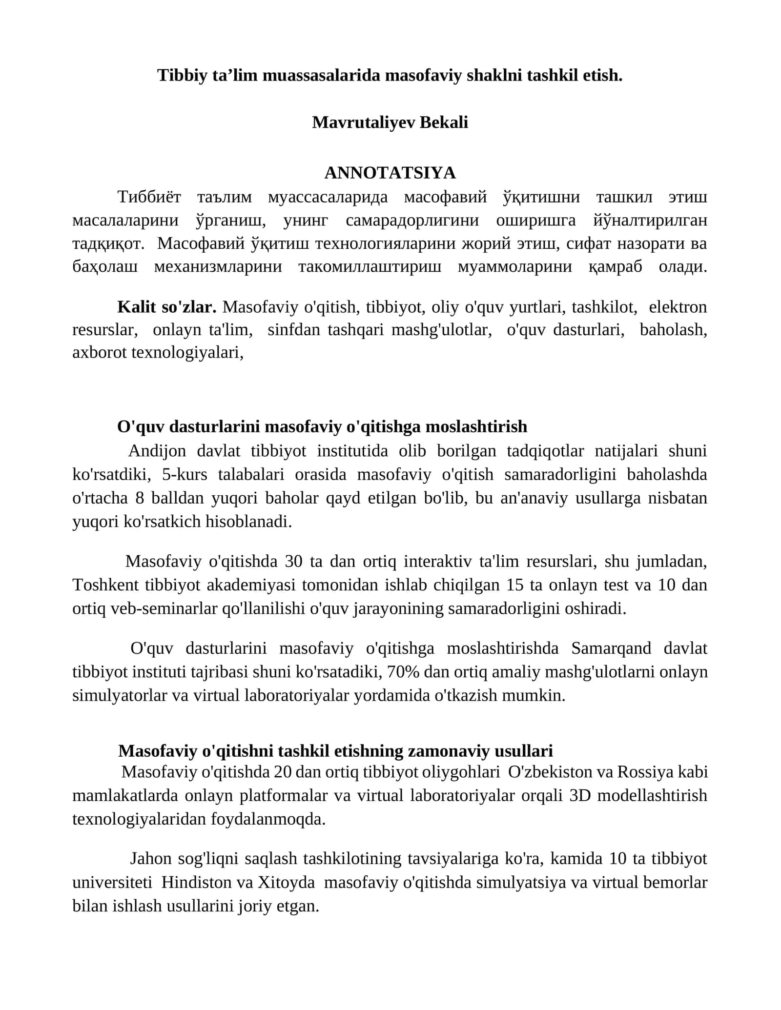 Tibbiy ta’lim muassasalarida masofaviy shaklni tashkil etish
