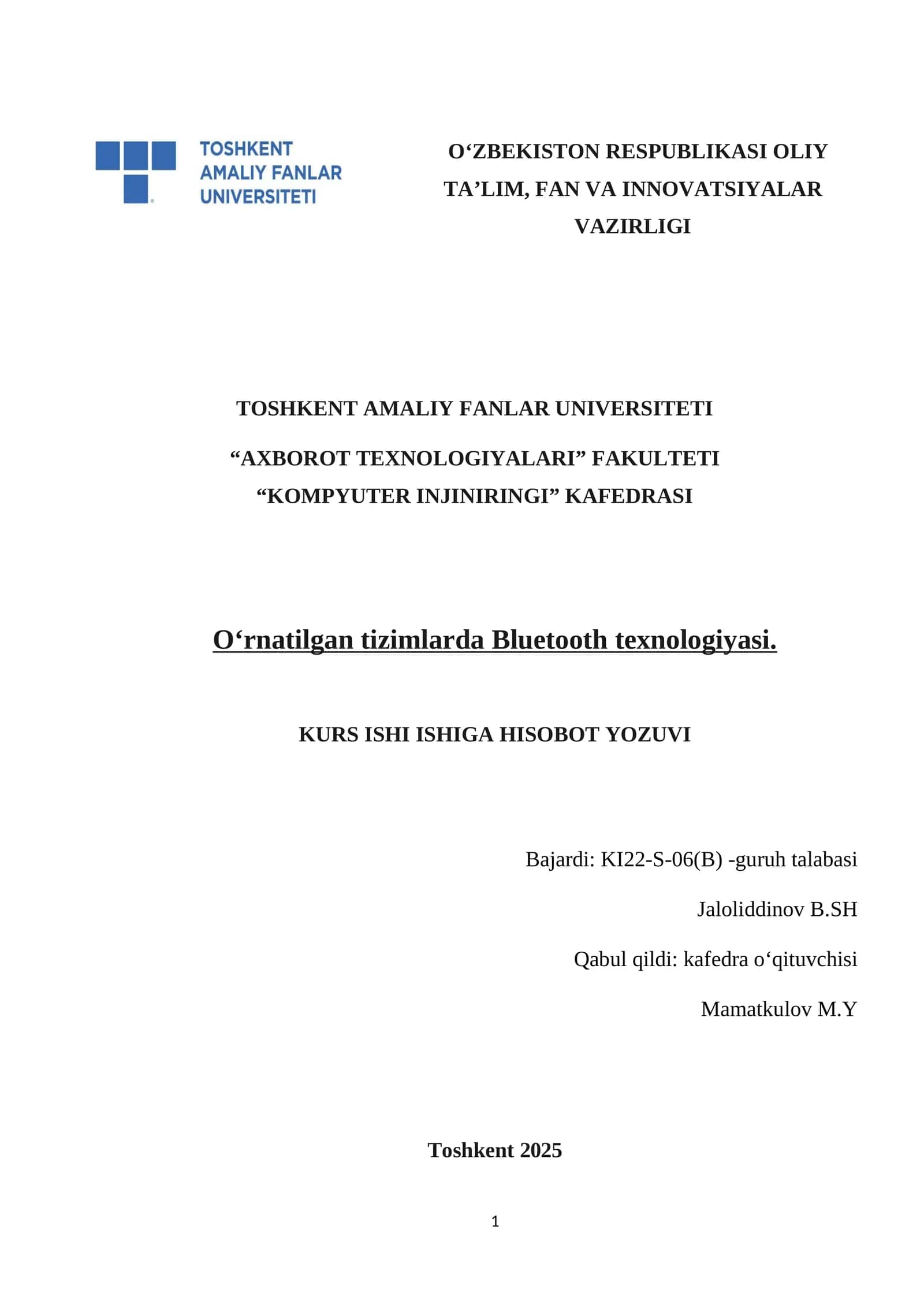 O‘rnatilgan tizimlarda Bluetooth texnologiyasi