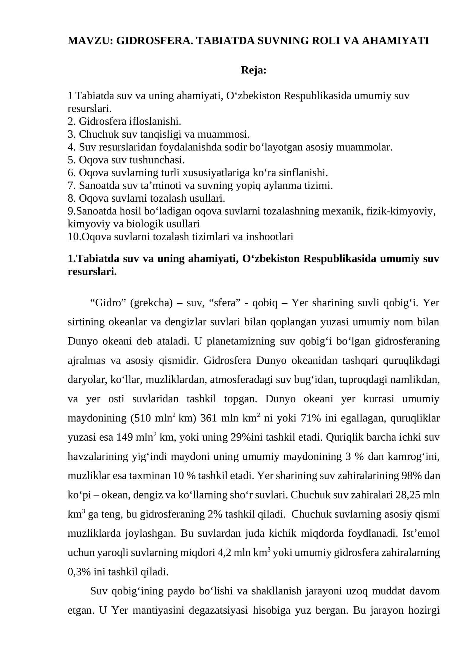 GIDROSFERA. TABIATDA SUVNING ROLI VA AHAMIYATI