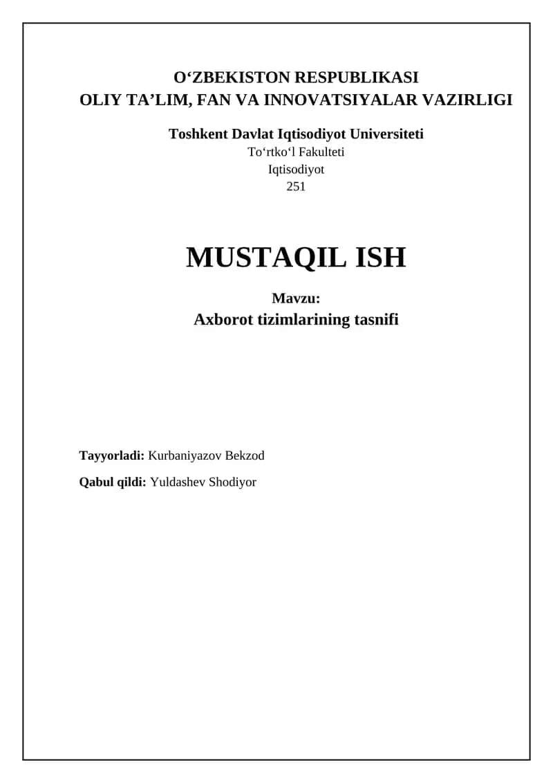 Axborot tizimlarining tasnifi