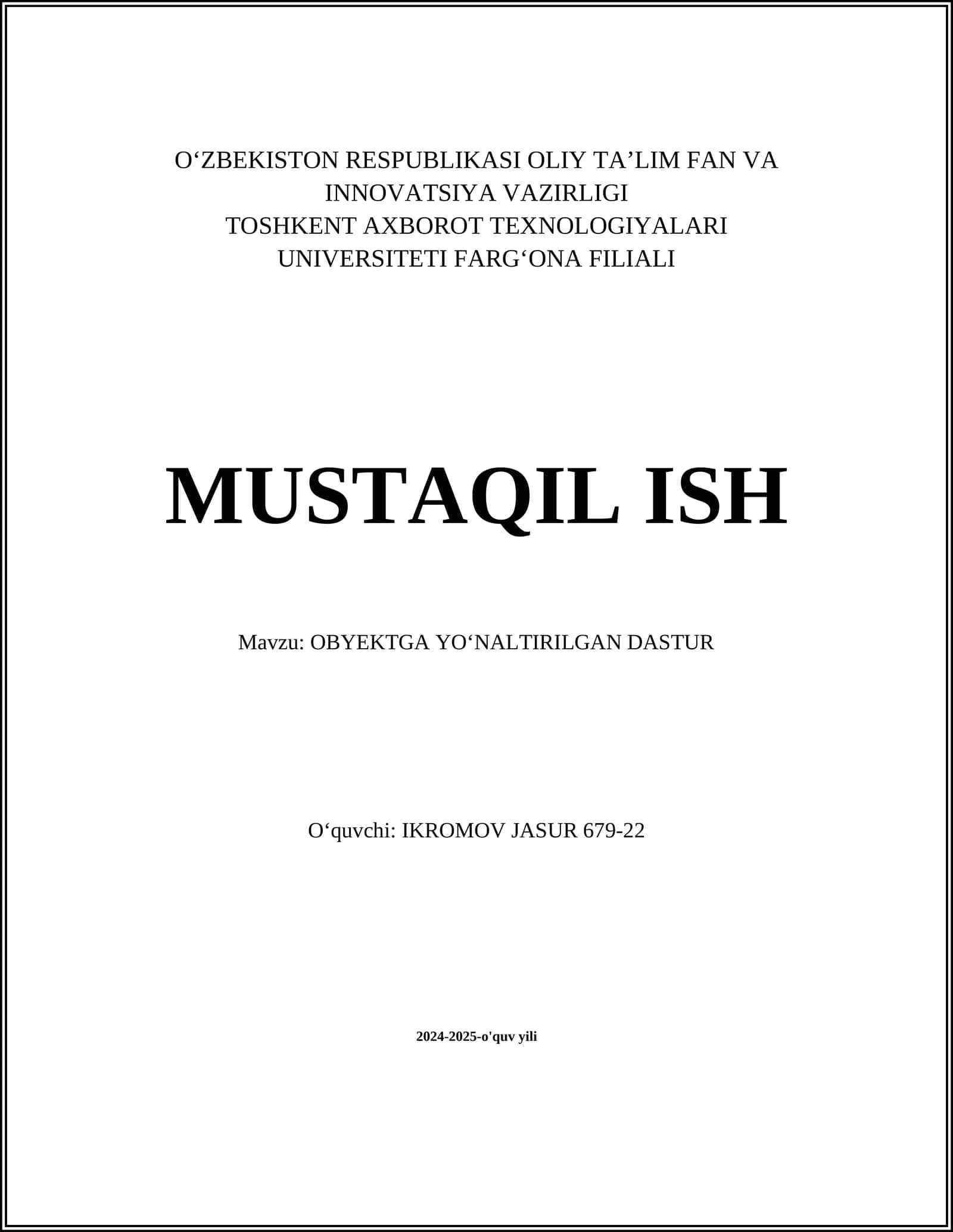 OBYEKTGA YOʻNALTIRILGAN DASTUR