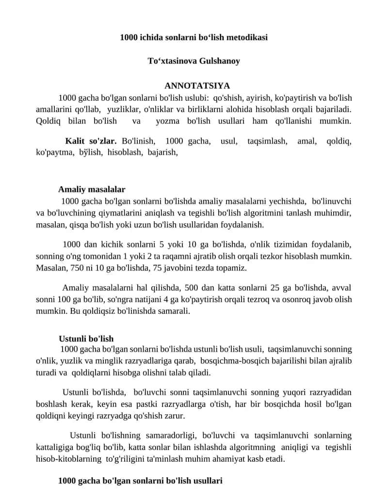 1000 ichida sonlarni boʻlish metodikasi