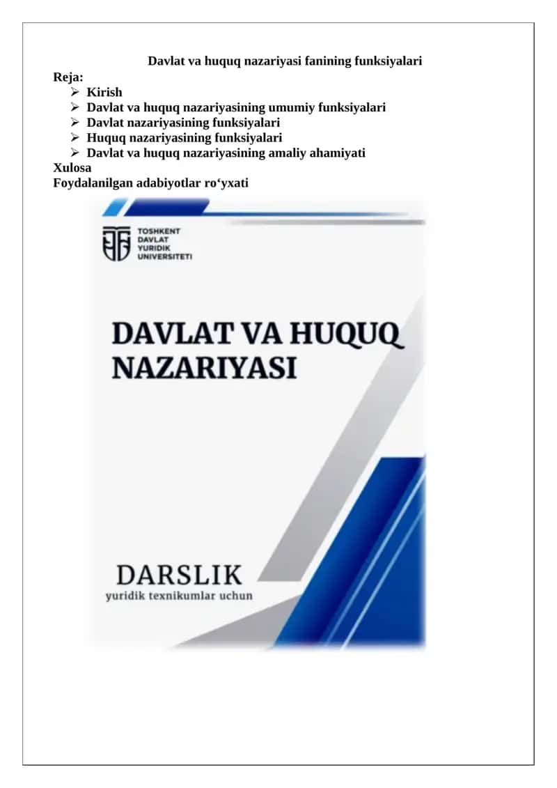 Davlat va huquq nazariyasi fanining funksiyalari