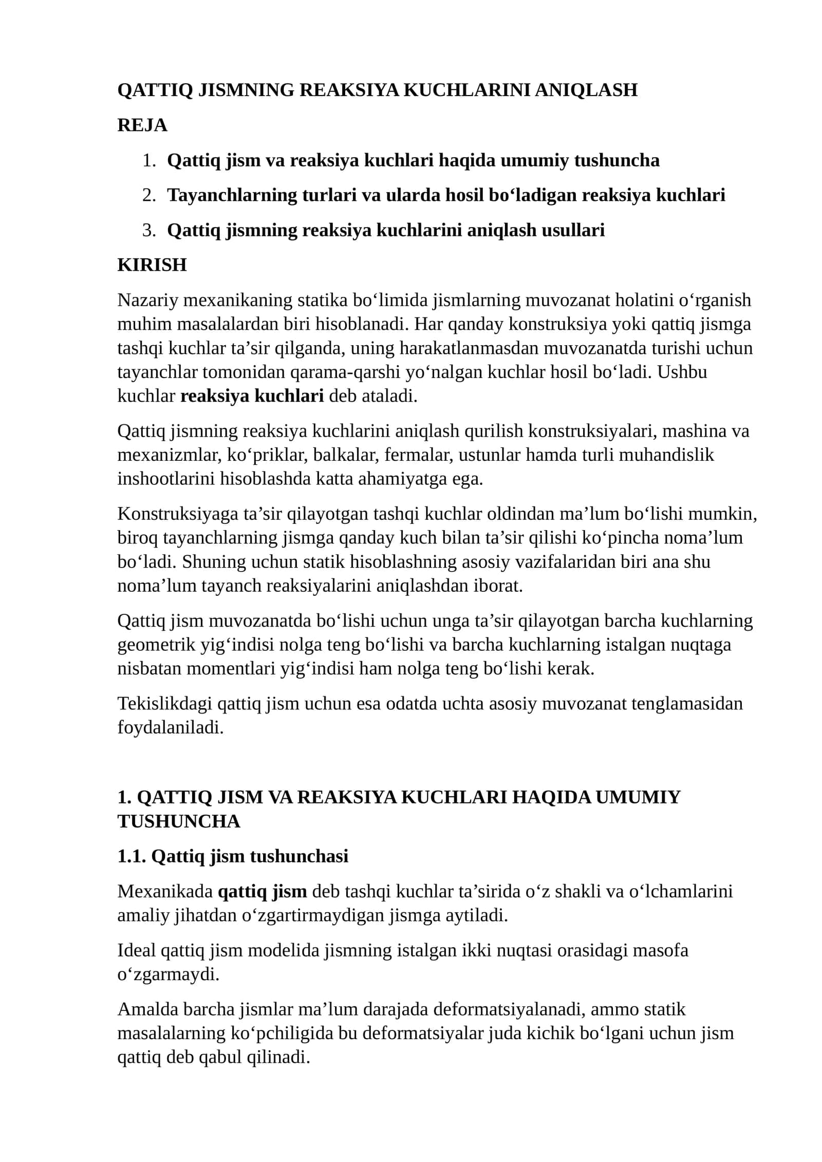 QATTIQ JISMNING REAKSIYA KUCHLARINI ANIQLASH